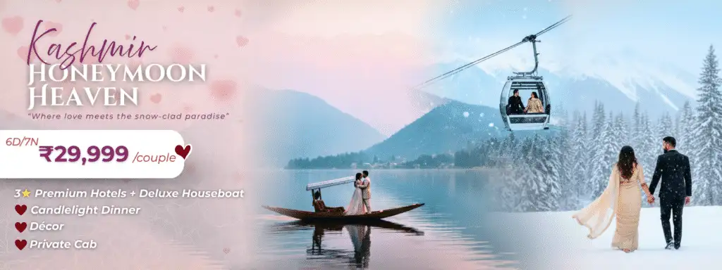 Romantic honeymoon banner showing a couple enjoying Kashmir’s snowy mountains and serene landscapes, promoting the Kashmir Honeymoon Package.