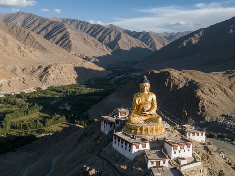 Diskit Monastery with the 106-foot Maitreya Buddha statue overlooking Nubra Valley’s sand dunes and snow-capped mountains in Ladakh.