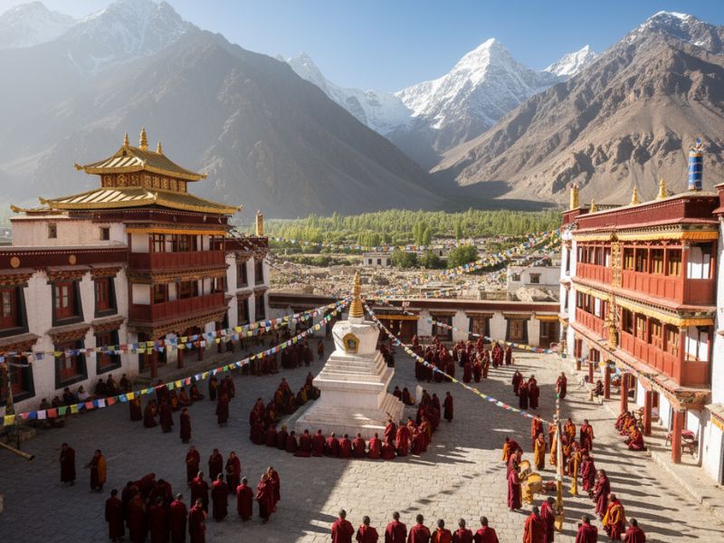 Hemis Monastery courtyard in Ladakh with monks debating Buddhist philosophy against a backdrop of rugged Himalayan mountains.