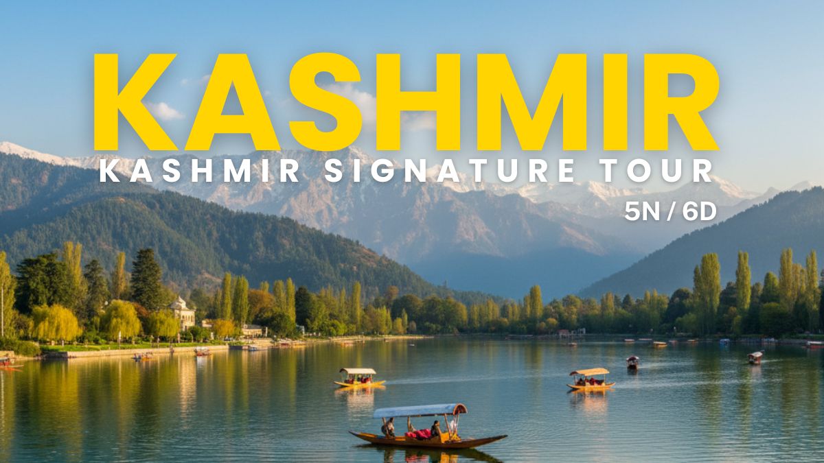 Shikaras on Dal Lake, Srinagar, Kashmir with snow-capped Himalayan mountains and blue sky.
