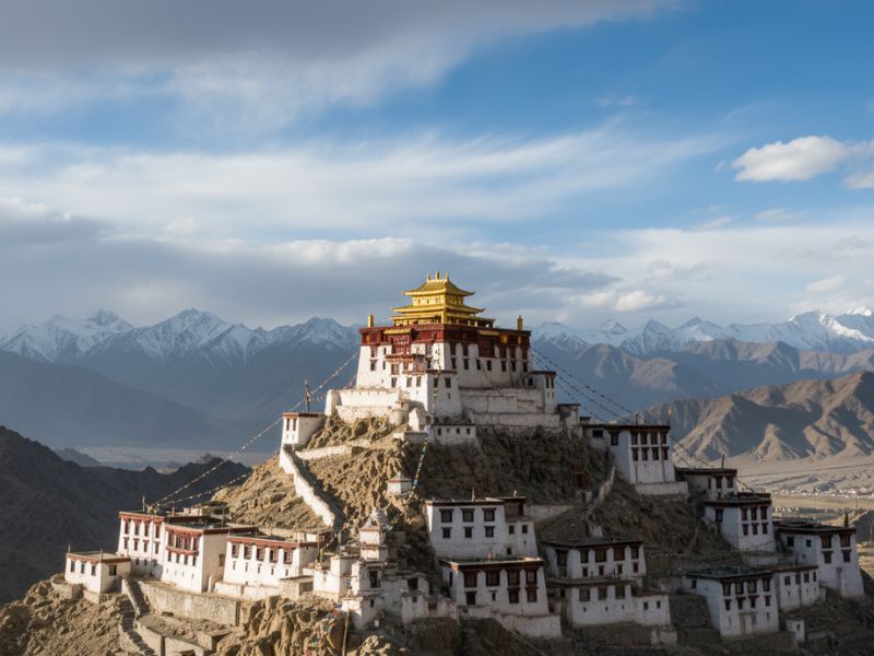 Thiksey Monastery perched on a hilltop in Ladakh, with whitewashed buildings resembling the Potala Palace and a 15-meter Maitreya Buddha statue inside.