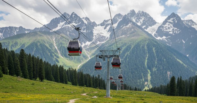 Gulmarg slopes and gondola cable car among alpine meadows