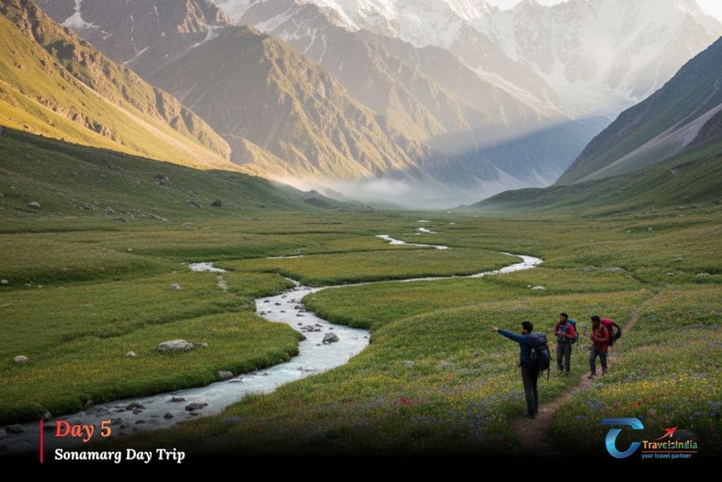 Snow-covered Sonamarg glacier with white peaks, icy landscape, and surrounding mountains.