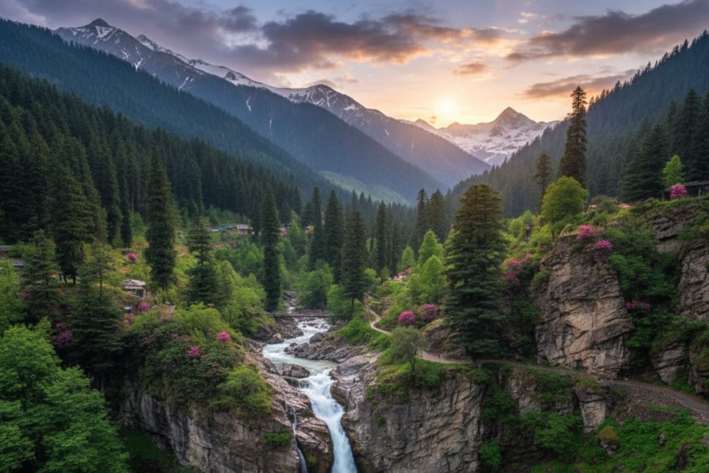 Aharbal Waterfall cascading into a deep gorge surrounded by dense alpine forest in Kashmir.