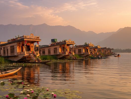 Traditional wooden houseboats floating on Dal Lake in Srinagar, Kashmir, surrounded by mountains and calm waters