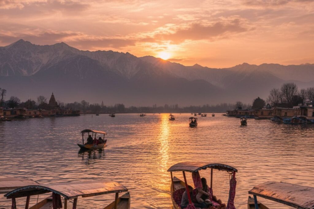 Sunset over Dal Lake with calm water, floating shikaras, and warm golden light reflecting across the valley.