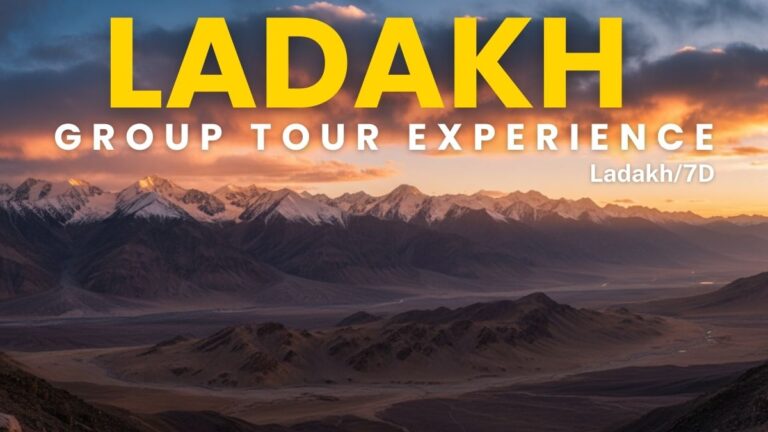 Group of travelers exploring Ladakh together with mountains, open landscapes, and shared activities.
