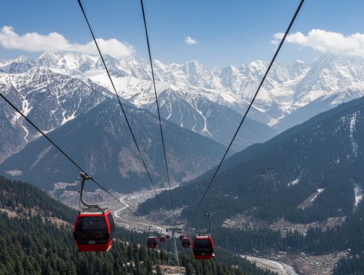 Gulmarg Gondola cable car gliding above snow-covered slopes with stunning Himalayan mountain views in Kashmir, India.