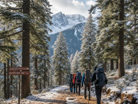 Hikers exploring the lush green trails of Gulmarg surrounded by snow-capped mountains and pine forests.