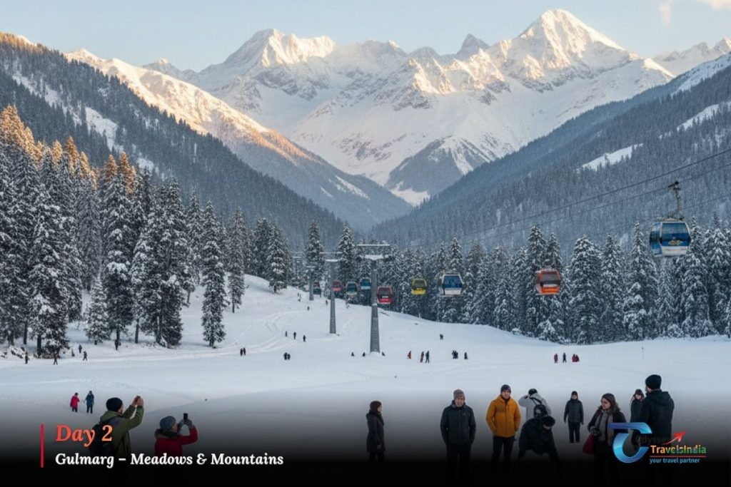 Snow-covered landscape in Gulmarg with white mountains, pine trees, and winter scenery.