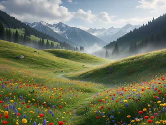 Vibrant Gulmarg meadows covered with colorful spring flowers and surrounded by snow-capped Himalayan peaks.