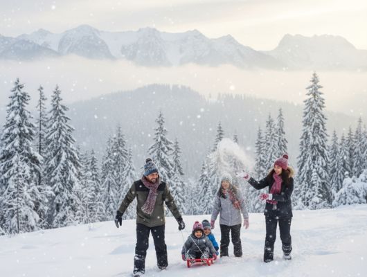 Snow-covered landscape of Gulmarg during winter with pine trees, ski slopes, and majestic Himalayan mountains in the background.
