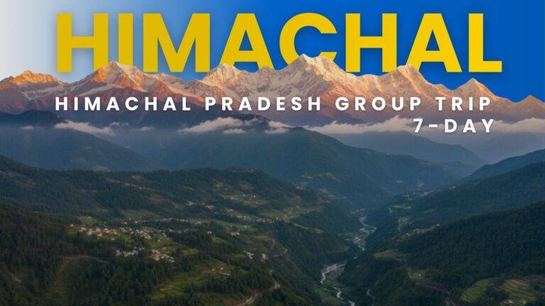 Golden sunset over the Himalayan mountains in Manali and Shimla during a Himachal Pradesh group tour package, with glowing sky and scenic valley views.