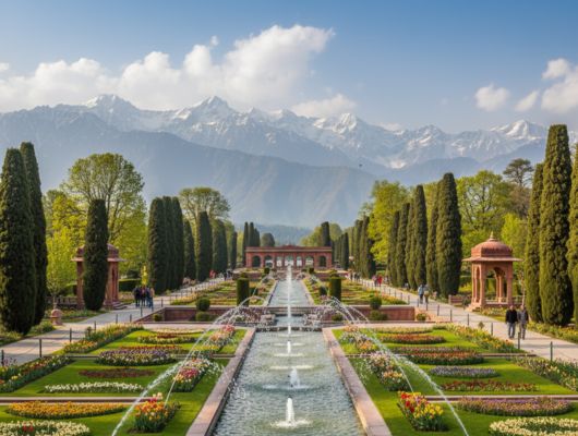 Beautiful Mughal Gardens in Srinagar with terraced lawns, flowing fountains, and colorful flower beds overlooking the Himalayas.