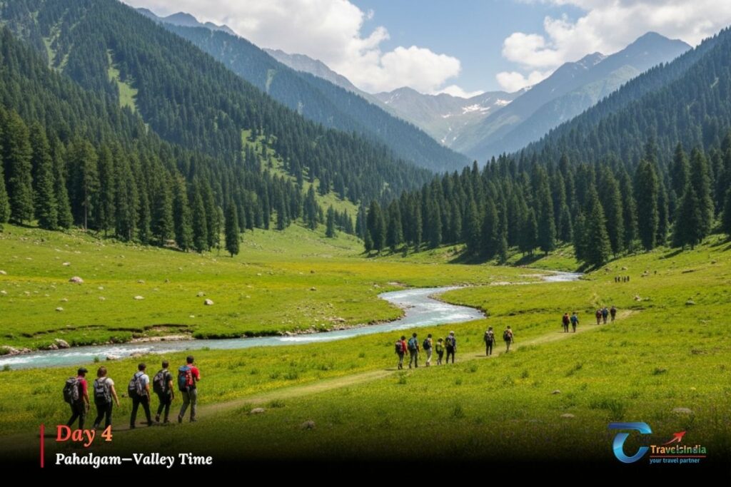 Scenic view of Pahalgam Valley with green meadows, flowing river, and surrounding mountains.