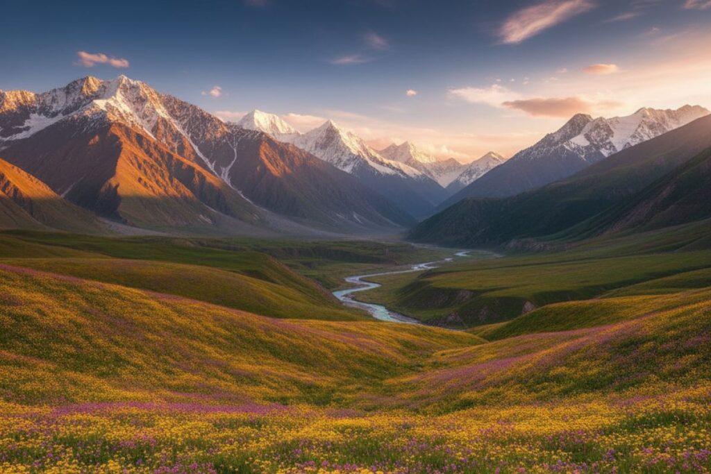 Colorful wildflowers blooming across the Sonmarg alpine meadows with snow-capped Himalayan mountains in the background.