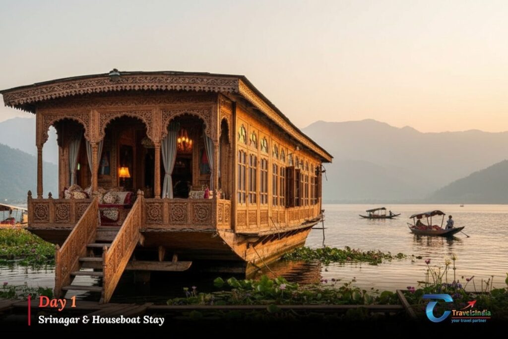 Cozy houseboat interior with wooden décor, warm lighting, and comfortable seating on Dal Lake.