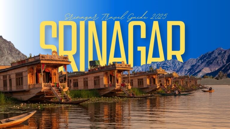 Panoramic view of Dal Lake and Srinagar city with snow-capped Himalayas — the perfect Kashmir travel destination in 2025.