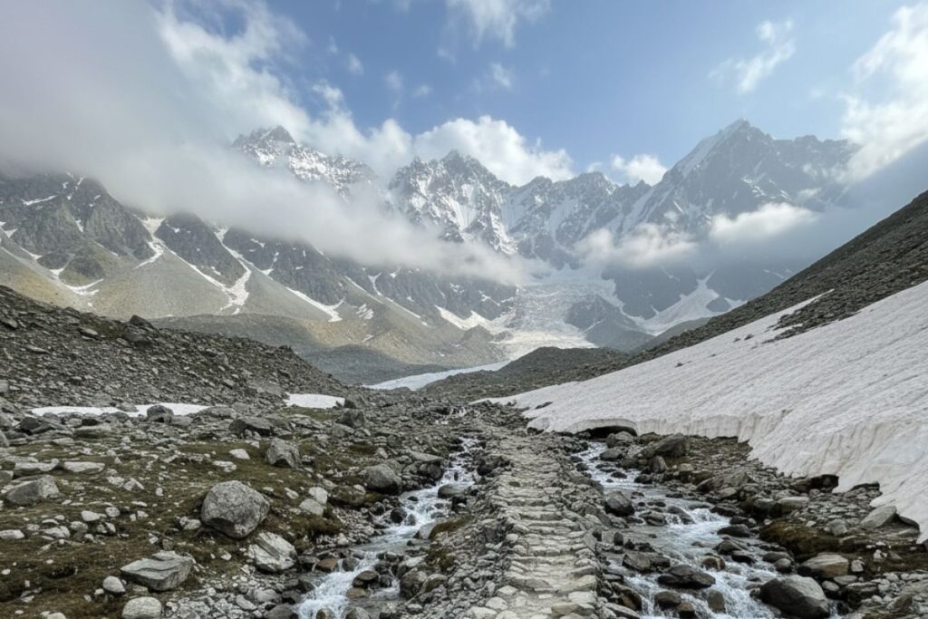 Thajwas Glacier near Sonmarg with snow-covered slopes, icy formations, and flowing snowmelt streams surrounded by Himalayan peaks.