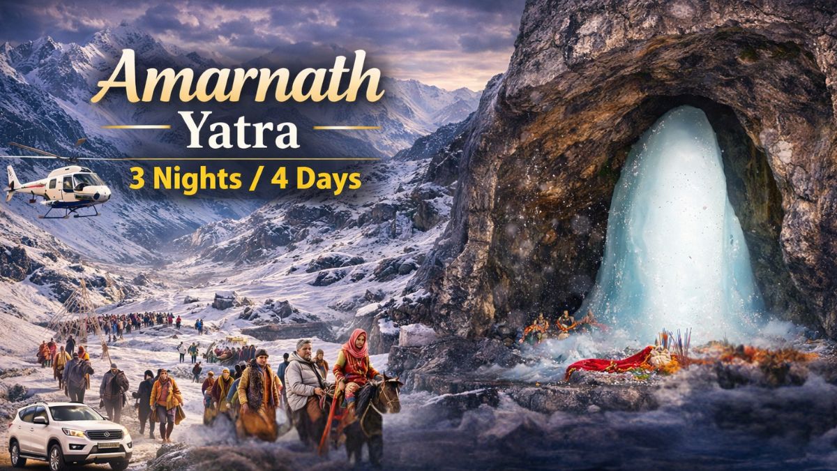 Amarnath Yatra pilgrimage showing devotees trekking through snow-covered Himalayas toward Amarnath Cave with the sacred ice lingam, highlighting a 3 nights 4 days organised Amarnath Yatra package.