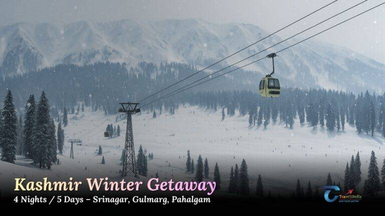 Kashmir winter tour package image showing Gulmarg snow slopes, Dal Lake views, and Pahalgam valley scenery for a 4N 5D trip itinerary.