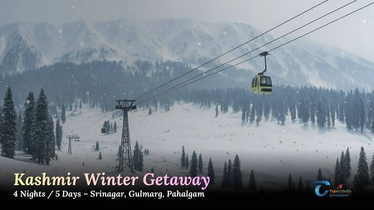 Kashmir winter tour package image showing Gulmarg snow slopes, Dal Lake views, and Pahalgam valley scenery for a 4N 5D trip itinerary.