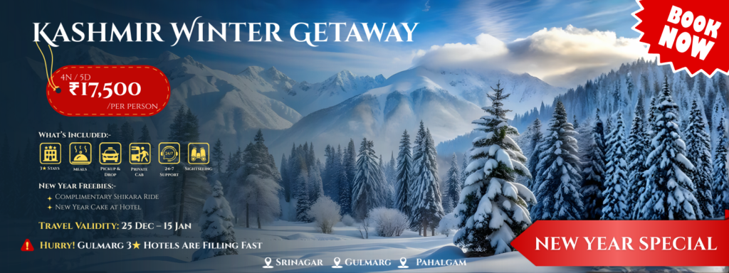 A winter view of Kashmir showing snow-covered landscapes and Gulmarg slopes, promoting a 4N/5D New Year special Kashmir getaway package.