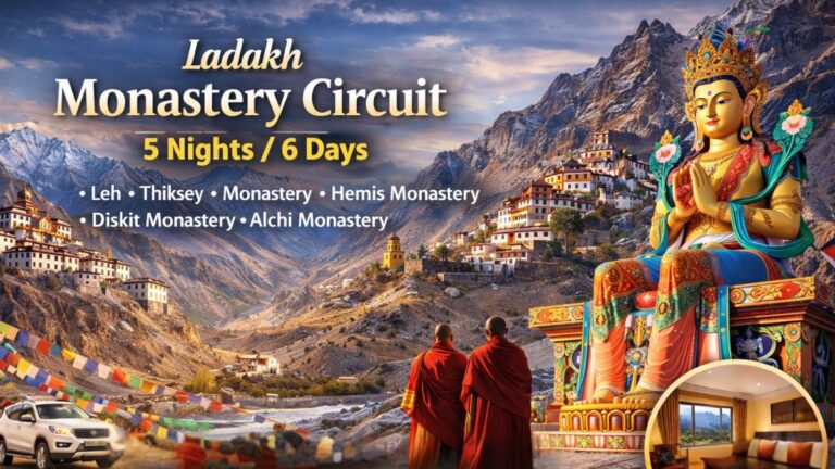 Ladakh monastery circuit tour showing ancient Buddhist monasteries like Thiksey and Hemis set against the Himalayan mountains during a 5 nights 6 days cultural and spiritual Ladakh journey.