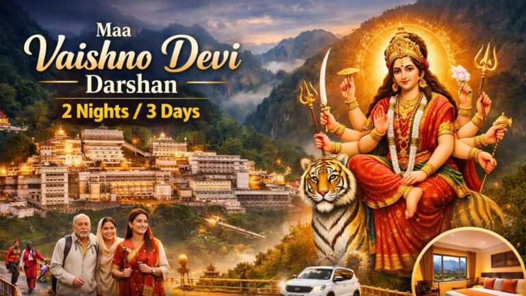 Pilgrims walking toward Maa Vaishno Devi Temple at Trikuta Hills during early morning darshan”