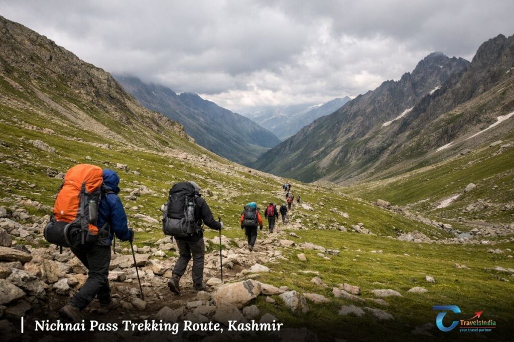 Trekkers crossing Nichnai Pass on the Kashmir Great Lakes trek