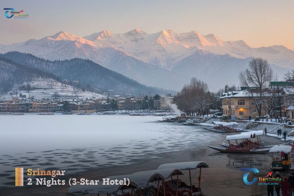 Winter view of Dal Lake in Srinagar with snow-covered mountains