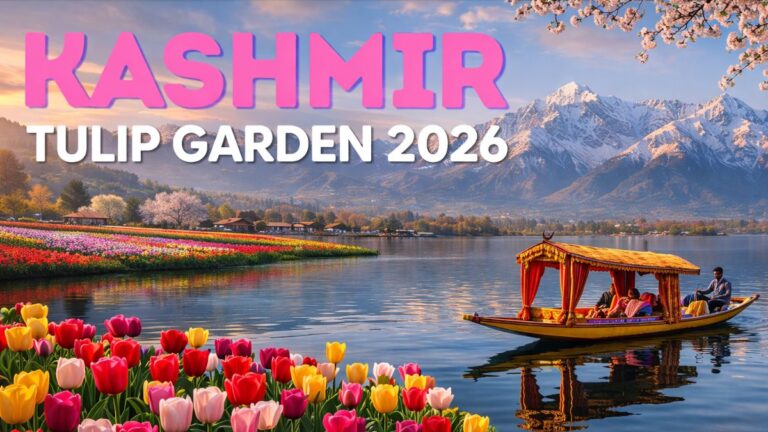 Colorful tulip terraces at Kashmir Tulip Garden with rows of red yellow and pink tulips blooming in Srinagar