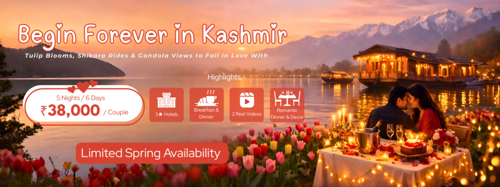 Romantic Kashmir honeymoon package with tulip gardens, Dal Lake shikara ride, candlelight dinner, and houseboat stay at sunset