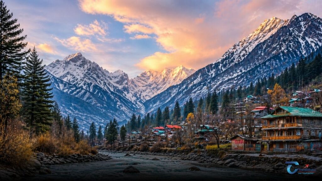 Scenic view of Manali valley with Beas River, snow covered Himalayan mountains and riverside houses at sunset