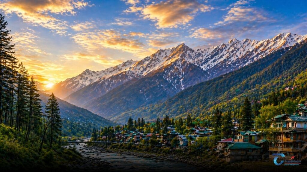 Manali valley landscape with Beas River, colorful hillside houses and snow covered Himalayan mountains during sunset