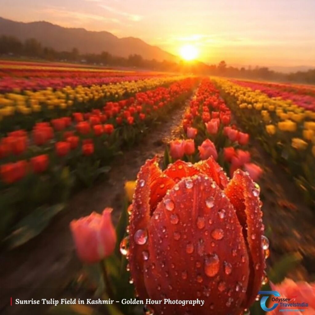 Red tulip with water droplets in focus at sunrise with colorful tulip fields and mountains in Kashmir during golden hour